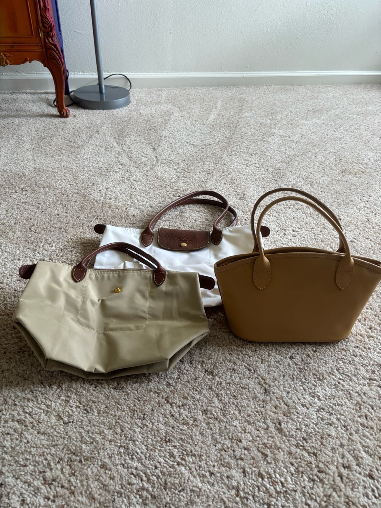 Longchamp Tote Set In Cream, White And Tan Le Plieges